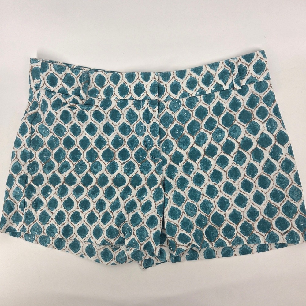 Ann Taylor LOFT Shorts 6 Teal White Geometric Linen Blend Coastal Boho Eclectic